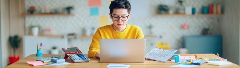 Poster - Focused Woman Working at Desk with Laptop and Calculator in Modern Office Setting Surrounded by Books and Plants Creating a Productive Atmosphere