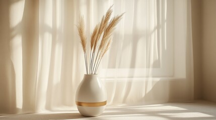 Poster - Soft sunlight filters through a sheer curtain, illuminating a stylish vase holding delicate dried grasses. The warm tones create a tranquil vibe in the cozy room