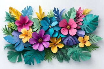 Poster - Vibrant and colorful paper flower arrangement with tropical leaves crafted for decoration purposes