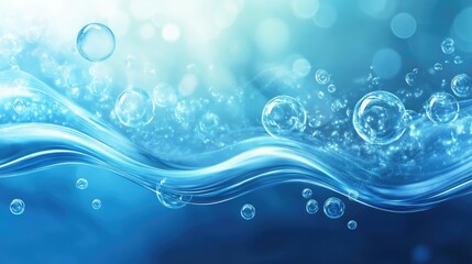 Poster - Abstract underwater scene featuring flowing water with bubbles against a soft blue background, ideal for calming visuals
