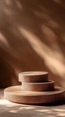 Poster - In a tranquil setting, three smooth wooden discs are gracefully arranged, casting gentle shadows on the surface beneath them. The warm hues invite a sense of calm