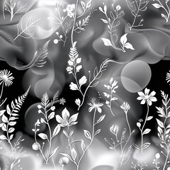 Poster - Elegant black and white floral pattern featuring delicate botanical illustrations on a textured background
