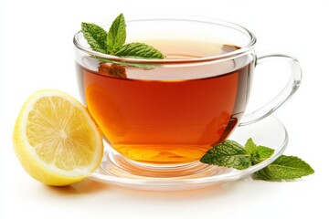 Poster - Refreshing mint tea with lemon served in a clear glass cup on a white background