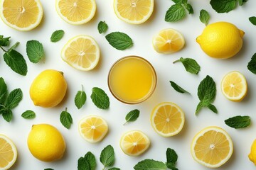 Poster - Fresh lemons and mint leaves arranged around a glass of lemonade on a white background