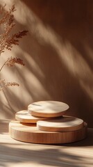 Poster - Wooden discs are stacked elegantly on a soft surface, illuminated by warm sunlight that casts gentle shadows. Dried plants add a touch of nature, enhancing the tranquil atmosphere