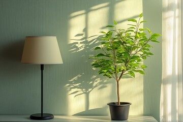 Aufkleber - Natural light filters through a window casting shadows of a lamp and potted plant on a soft, green wall in a cozy room