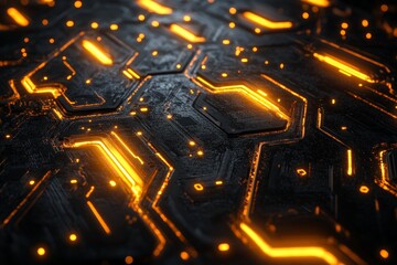 Fototapete - Circuit board texture with glowing elements represents technology and innovation in a futuristic setting