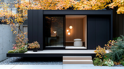 Poster - Modern architectural design of a minimalist house in autumn interior and exterior urban setting aesthetic perspective