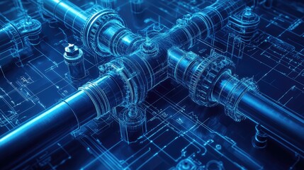 Poster - Intricate close-up of futuristic metallic pipes and gears, showcasing advanced technology in a digital environment