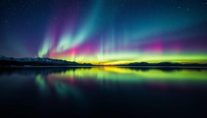 Wall Mural - Serene lake reflects aurora borealis under a star-studded sky, cosmic, magical