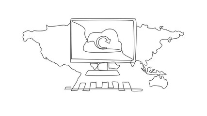 Aufkleber - animated self drawing of single continuous line drawing monitor, keyboard with world map background.