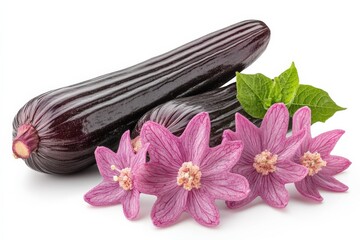 Poster - Colorful eggplants and pink flowers arranged on a white background with green leaves showcasing fresh produce