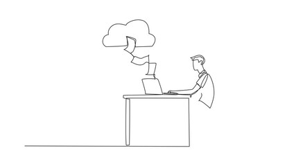 Poster - Animation of single continuous line drawing man typing on laptop at desk. Every worksheet is saved directly to cloud server. Make work easier. Adv technology. World Backup Day. Full length motion
