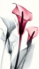 Poster - Delicate calla lilies display vibrant pink and subtle gray shades, emphasizing elegance and simplicity in a serene setting that captures the essence of nature's artistry