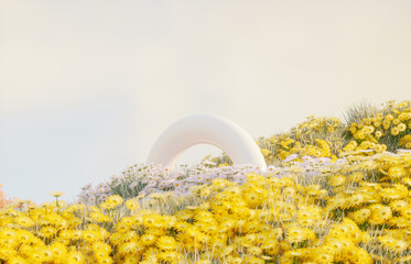 Poster - Abstract spring flowers landscape scene with white podium. 3d rendering.