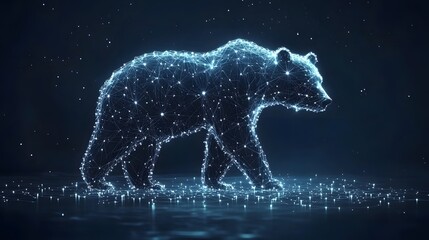 Poster - A digital bear, rendered in a polygonal style, walks on a dark, reflective surface. Glowing lights enhance its form. Animal star constellation. Sky zodiac horoscope background style