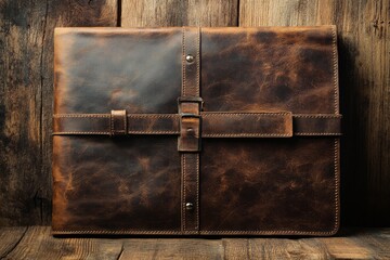 Aufkleber - Handmade leather portfolio resting on rustic wooden surface showcasing craftsmanship and elegance in natural lighting