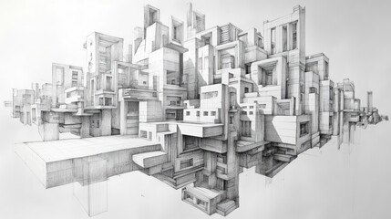 Poster - Abstract architectural sketch depicting a futuristic cityscape with intricate structures and shadows
