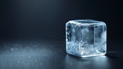 Poster - Clear ice cube resting on a dark surface with bubbles and frost details illuminated by soft light