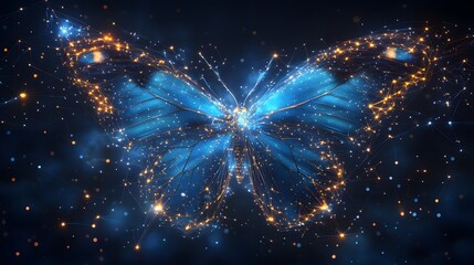 Poster - A mesmerizing digital artwork depicting a butterfly with glowing wings. The intricate details showcase a blend of technology and nature. Animal star constellation. Sky zodiac horoscope background
