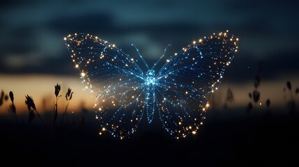 Aufkleber - A digital butterfly glows in a field at sunset. Serene and magical. Animal star constellation. Sky zodiac horoscope background style