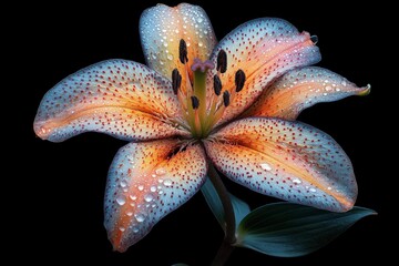 Aufkleber - Brightly colored lily flower with dew drops against a black background showing intricate details at dawn