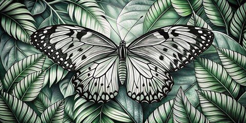 Poster - Black and White Butterfly Drawing, Leafy Background, Rule of Thirds Composition - Stock Photo
