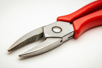 Poster - Close-up view of red-handled pliers showcasing their shiny metallic jaws and textured grip during tool examination