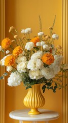 Aufkleber - A striking display of marigolds and white flowers arranged artfully in a vibrant yellow vase. Bright yellow walls create a cheerful atmosphere, enhancing the floral beauty