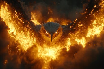 Leinwandbilder - Majestic fiery eagle soaring above the flames during a dramatic sunset
