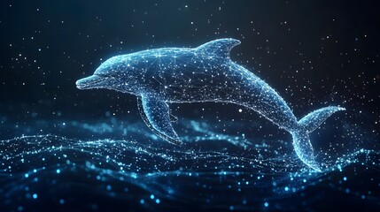 Aufkleber - A digital dolphin, rendered in a polygonal style, leaps through glowing blue waters. The artwork shows modern digital artistry Animal star constellation. Sky zodiac horoscope background style