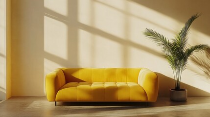 Poster - A vibrant yellow sofa sits invitingly in a well-lit room, while sunlight casts playful shadows on the cream wall. A tall green plant adds a touch of nature, enhancing the cozy atmosphere