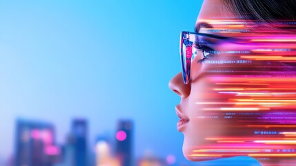 Poster - A futuristic profile of a woman wearing glasses, with vibrant digital lines suggesting speed and technology against a cityscape backdrop.