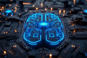 Fototapete - Futuristic circuit board with glowing blue elements showcases advanced technology and design principles in electronic architecture