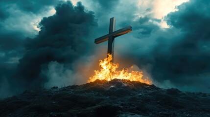 Poster - Dramatic scene of a burning cross on a hill, surrounded by dark storm clouds and a fiery backdrop at dusk