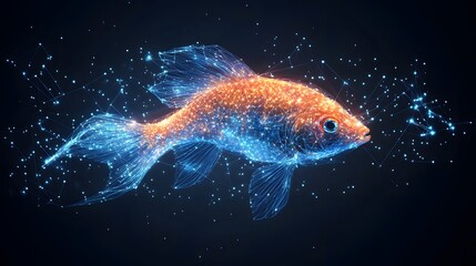 Poster - An abstract digital rendering of a goldfish, glowing with blue and orange light, set against a dark background. Animal star constellation. Sky zodiac horoscope background style