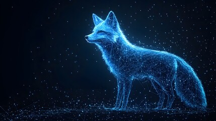 Poster - A stunning digital artwork depicting a fox rendered with glowing blue lines against a dark background. Animal star constellation. Sky zodiac horoscope background style