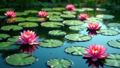 Wall Mural - Water lilies forming a natural floral pattern across a still lake, reflection, lake