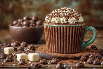 Aufkleber - Delicious chocolate cupcake topped with cream and sprinkles alongside assorted chocolates on wooden table