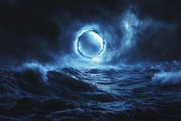 Poster - Mysterious luminous portal in stormy ocean at night under dark clouds