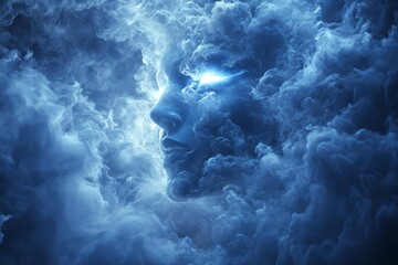 Poster - Dreamlike face emerging from swirling clouds at twilight in a mystical atmosphere