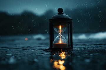 Poster - Hourglass glowing in the rain reflecting on wet ground in a dark, moody landscape at dusk