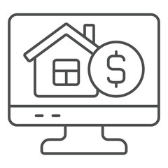 Poster - monitor screen with coin and house thin line icon, housing market concept. vector graphics. display 