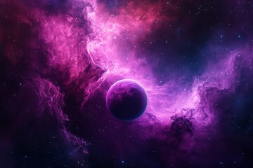 Poster - Vibrant cosmic landscape featuring a glowing purple nebula and a distant planet in the depths of space