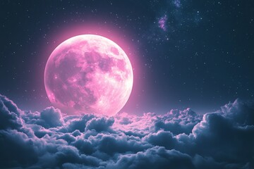 Poster - Bright pink moon shining over fluffy clouds at night with sparkling stars in the background