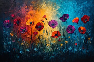 Poster - Brightly colored flowers blooming under a vibrant sunset on a textured canvas