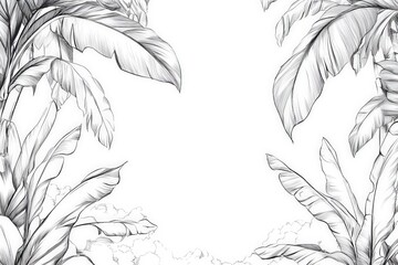 Poster - Detailed botanical sketch capturing lush banana leaves and jungle foliage in a serene outdoor setting during daylight