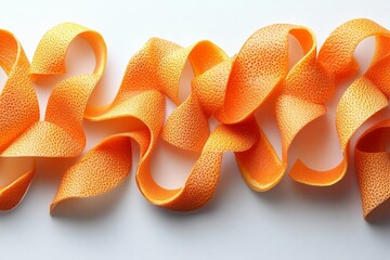Aufkleber - Bright orange citrus peel ribbons arranged on a white background showcasing texture and color