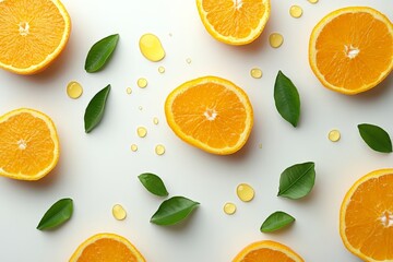 Poster - Slices of fresh oranges and green leaves arranged on a light background with drops of orange juice scattered around
