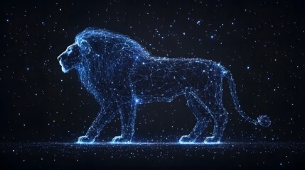 Poster - A digital artwork depicting a majestic lion, its form created from interconnected points of light resembling stars against a dark, starry backdrop. Animal star constellation. Sky zodiac horoscope